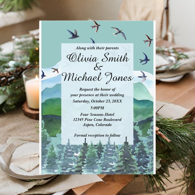 Water colour mountains and trees wedding invitatio postcard (Creator Uploaded)