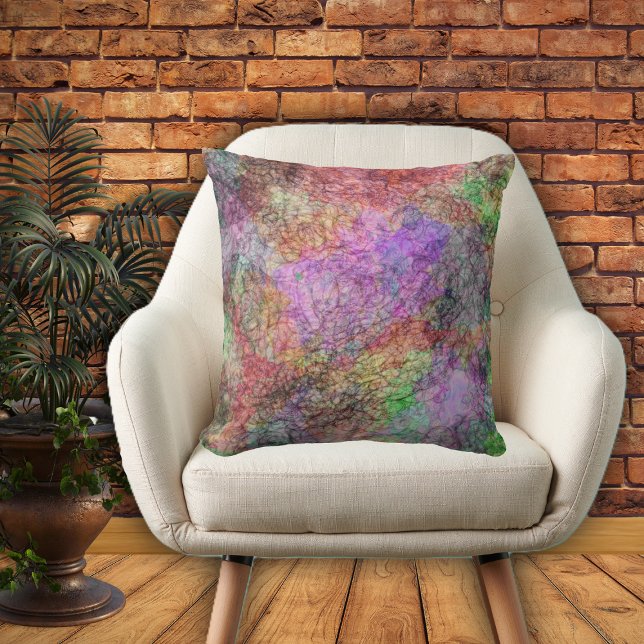Water Colour Paint Look with Pretty Swirled Colour Outdoor Cushion (Abstract pattern of swilrs of pretty pinks purples greens yellows on home decor pillow.)
