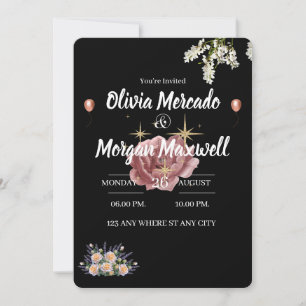 Water colour pink wildflower Floral black wedding Invitation