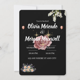 Water colour pink wildflower Floral black wedding  Invitation