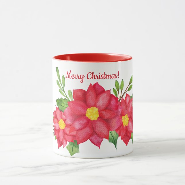 Water Colour Poinsettia Christmas Coffee Mug (Center)