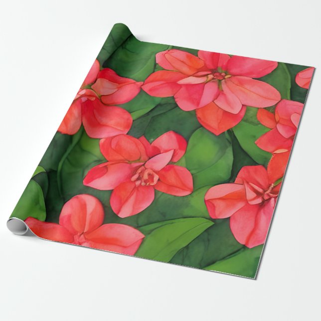 Water colour red Ixora coccinea inspired Wrapping Paper (Unrolled)