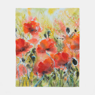 Water colour red poppy flowers painting. Flowers i Fleece Blanket