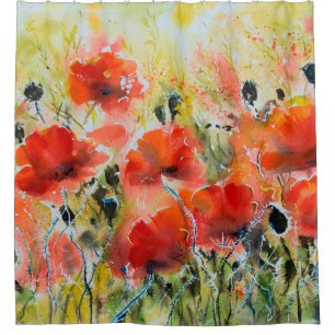 Water colour red poppy flowers painting. Flowers i Shower Curtain