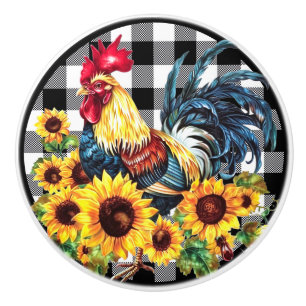 Water Colour Rooster Sunflower Yellow Black Plaid Ceramic Knob