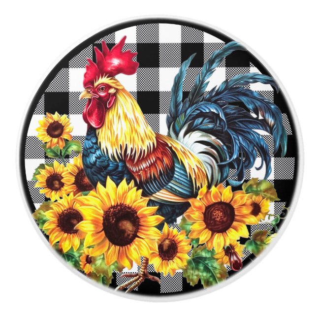 Water Colour Rooster Sunflower Yellow Black Plaid Ceramic Knob (Front)