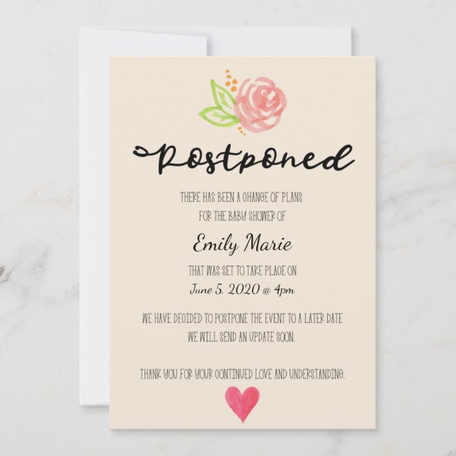 Water Colour Rose Change of Plans Baby Shower Card (Front)
