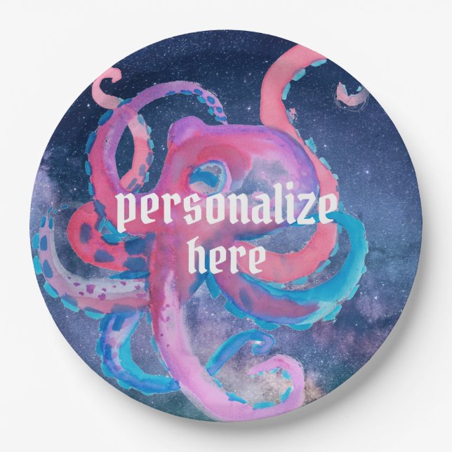 Water colour space octopus pink stars  paper plate (Front)