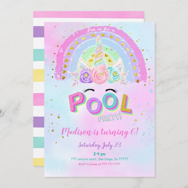 Water Colour Unicorn & Pool Birthday Invitation (Front/Back)