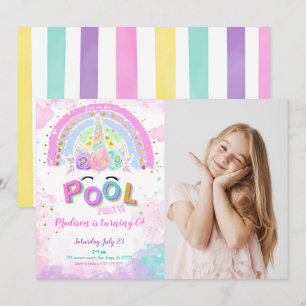 Water Colour Unicorn & Pool Photo Invitation