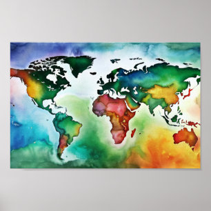 Water Colour Wall Art World Map Poster