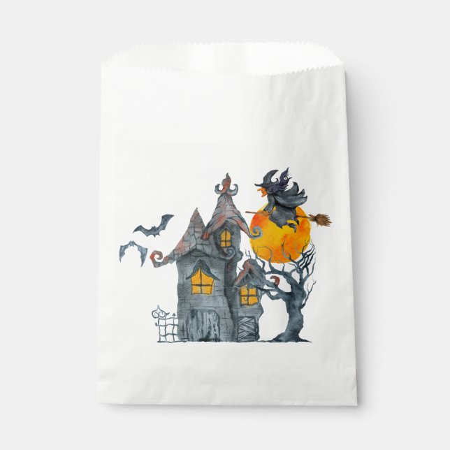 Water colour Witch and spooky  house Halloween Favour Bag (Front)