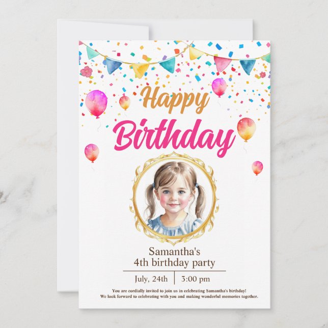 water coloured cute birthday party invitation (Front)