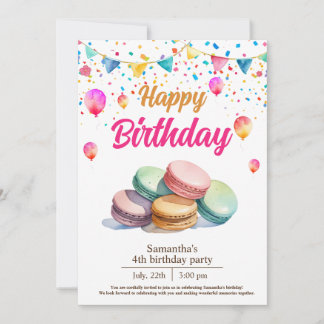water coloured cute macarons birthday party invitation
