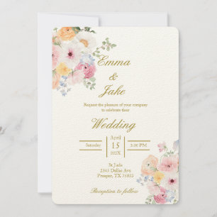Water coloured floral beige wedding invitation