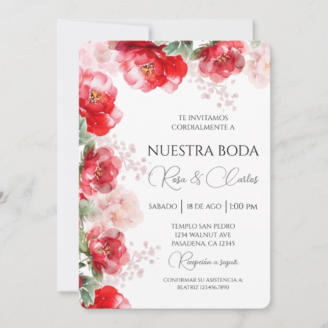 Water coloured Rose Spanish Wedding Invitation (Front)