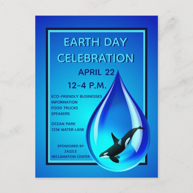 Water Drop and Orca Earth Day Announcement Postcard (Front)