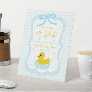 Water Droplets Gingham Boy Baby Shower Thank You Pedestal Sign