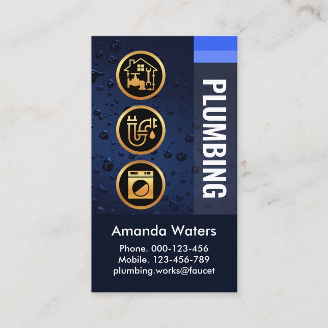 Water Droplets Gold Plumbing Icons Business Card (Front)