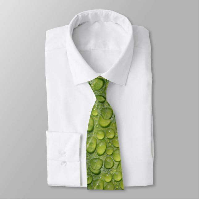 Water Droplets Green Leaf Nature Pattern Tie (Tied)