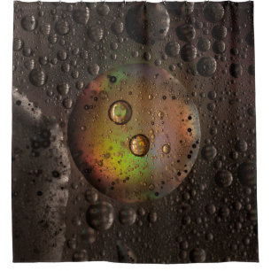 Water droplets on glass panel shower curtain