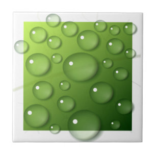 Water Droplets on Green Square Background Ceramic Tile
