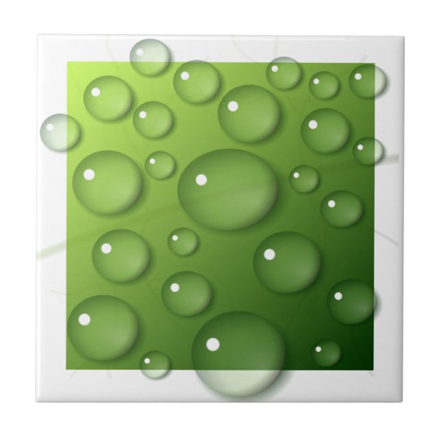 Water Droplets on Green Square Background Ceramic Tile (Front)