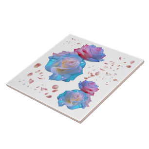 Water Droplets on Pink & Blue Roses on White   Ceramic Tile