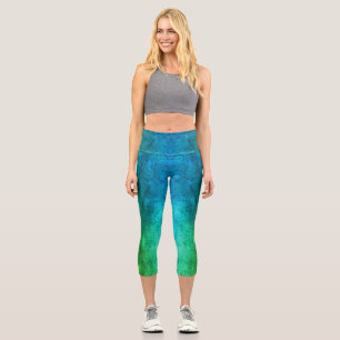 Water drops on blue green metal capri leggings
