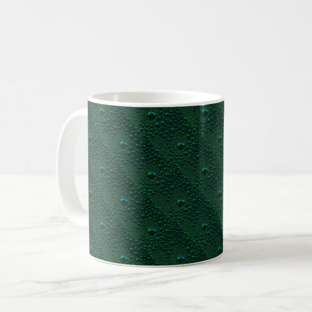 Water Drops on Green Metal Coffee Mug (Front Left)