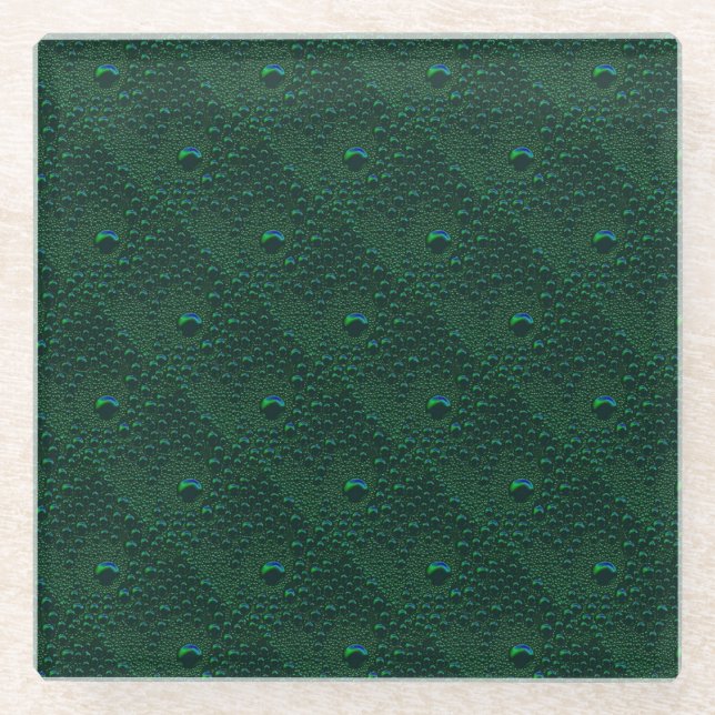 Water Drops on Green Metal Glass Coaster (Front)