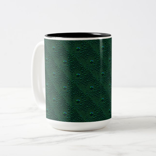 Water Drops on Green Metal Two-Tone Coffee Mug (Front Left)