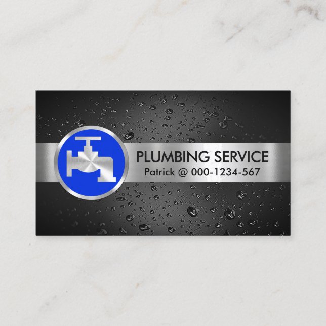 Water Drops Silver Pipeline Blue Faucet Business Card (Front)
