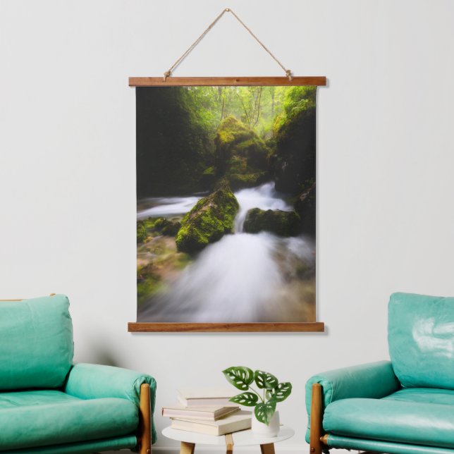 Water flowing through enchanted mossy forest hanging tapestry (Living Room)
