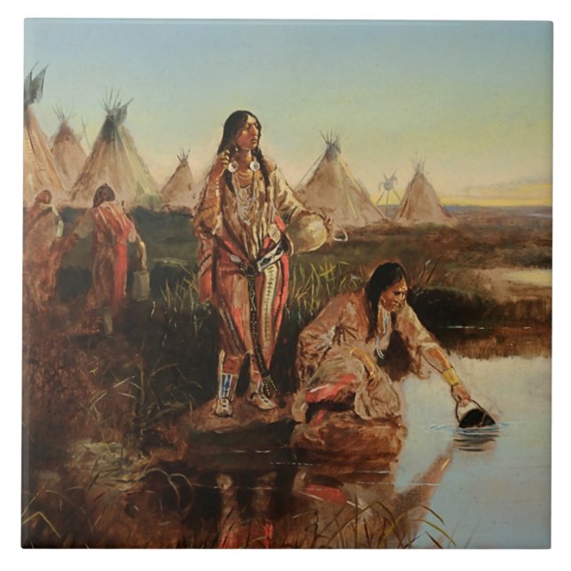 “Water For Camp” Cowboy Art by Charles Russell Ceramic Tile (Front)