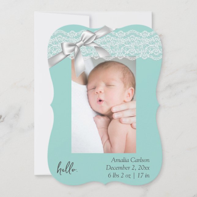 Water Green Lace Birth Announcement Card (Front)