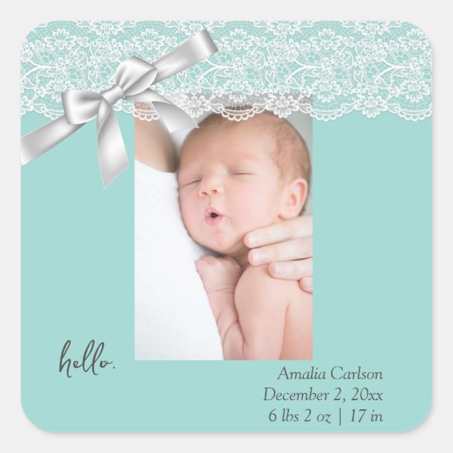 Water Green Lace Birth Announcement  Square Sticker (Front)