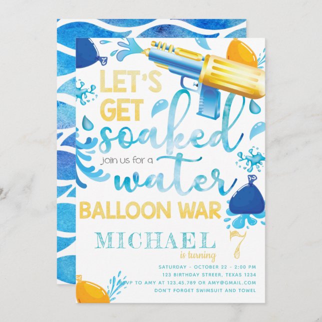 Water Gun Balloon War Boy Birthday Party Invitation (Front/Back)