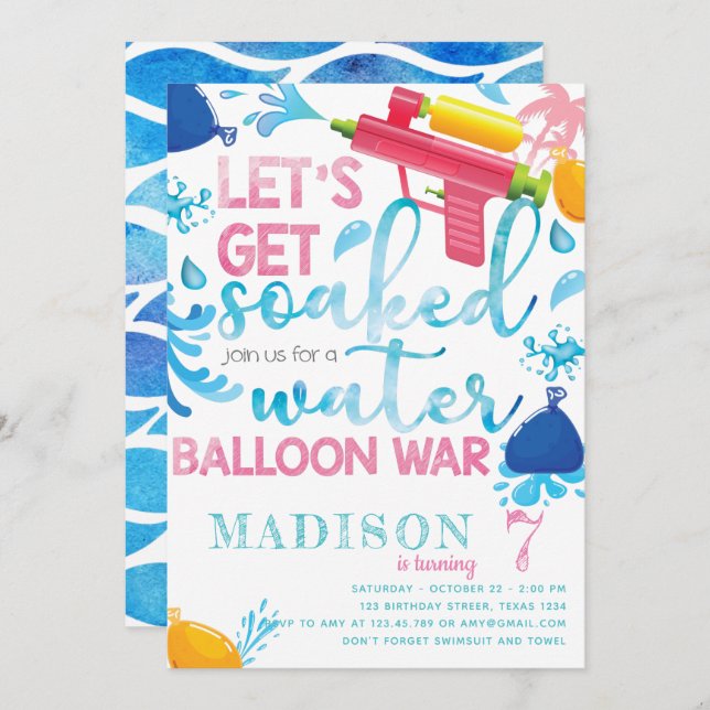 Water Gun & Balloons Girl Birthday Party Invitation (Front/Back)