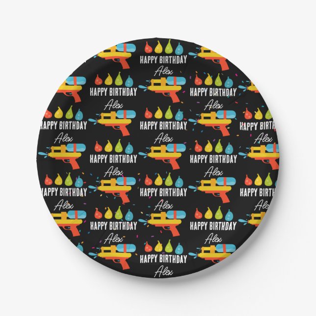 Water Gun & Balloons Summer Birthday Party Paper Plate (Front)