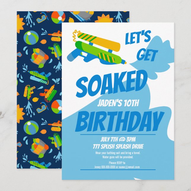 Water Gun Battle Pool Party Kids Summer Birthday Invitation (Front/Back)