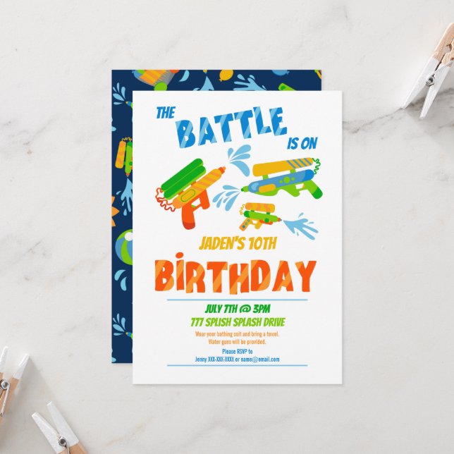 Water Gun Battle Pool Party Kids Summer Birthday Invitation (Front/Back In Situ)