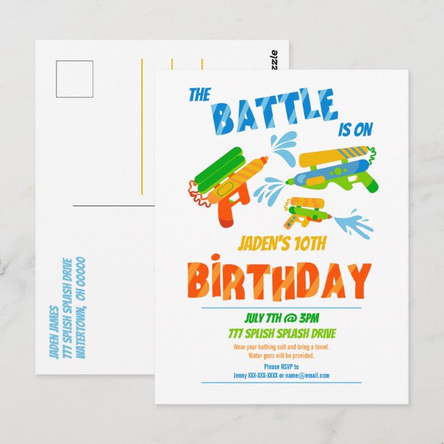 Water Gun Battle Pool Party Kids Summer Birthday Postcard (Front/Back)