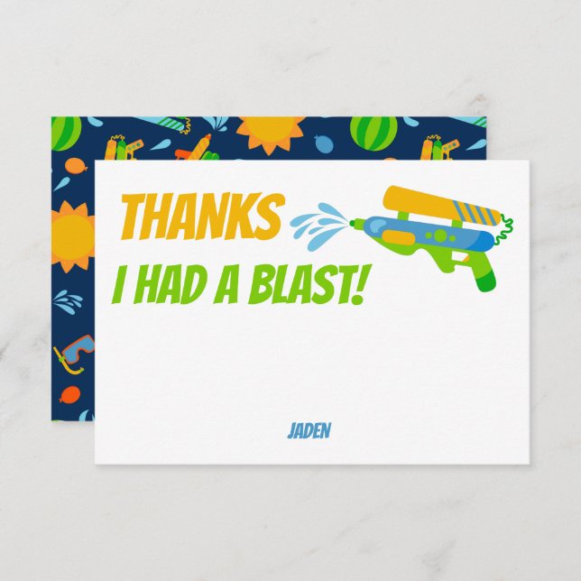 Water Gun Battle Pool Party Kids Summer Birthday Thank You Card (Front/Back)