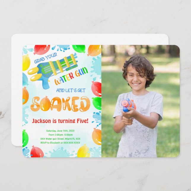 Water Gun Birthday Photo Invitations  (Front/Back)