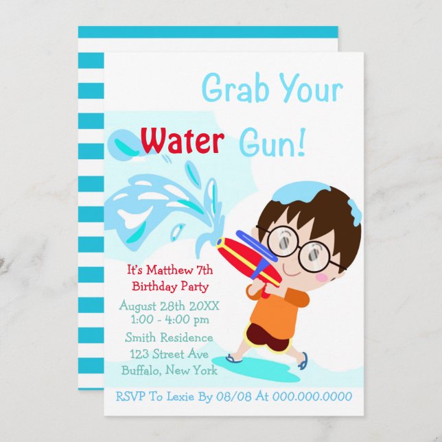 Water Gun Boy Birthday Party Invitations  (Front/Back)