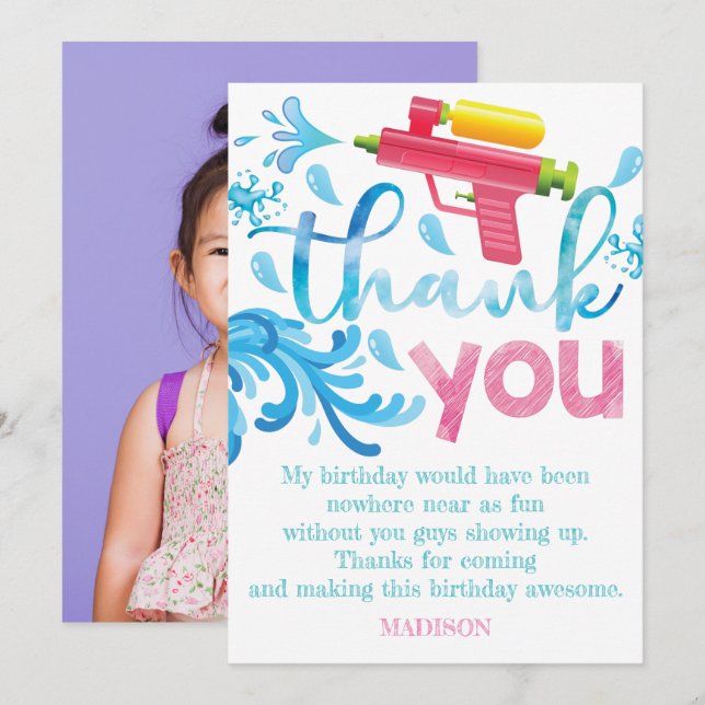 Water Gun Photo Summer Birthday Party Thank You Card (Front/Back)