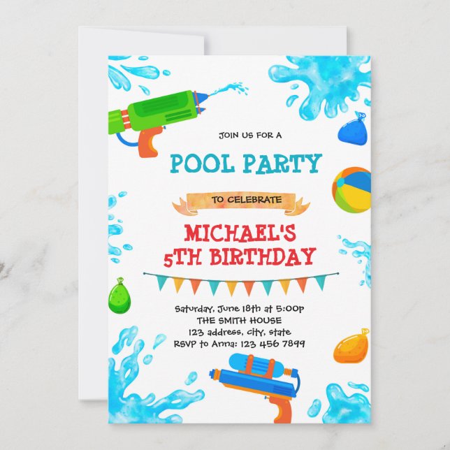 Water gun pool party invitation (Front)