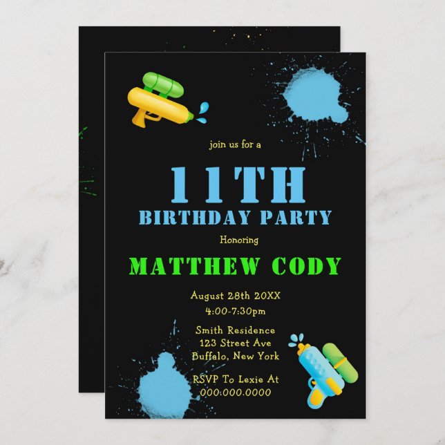 Water Gun Splash Boy 11th  Birthday Party Invites (Front/Back)
