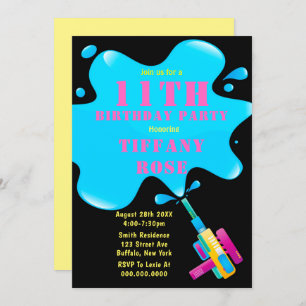 Water Gun Splash Girl 11th  Birthday Party Invites